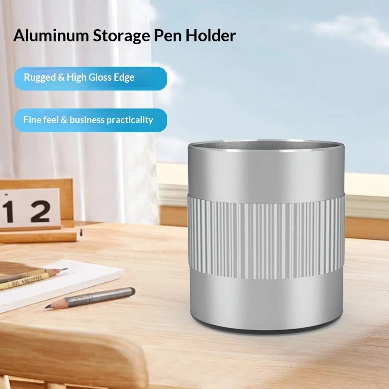 P80 Office Desk Pencil Organizer Cup Aluminum Alloy Round Pen Holder with Anti Slip Base - Silver - 2