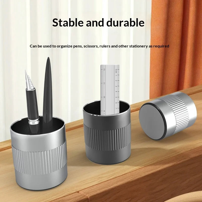 P80 Office Desk Pencil Organizer Cup Aluminum Alloy Round Pen Holder with Anti Slip Base - Silver - 3