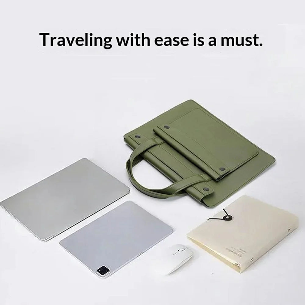 For 15 / 16 Inch Laptop Bag PU Leather Double Pocket Multi-Compartment Accordion Design Universal Notebook Tote Bag - Green - 2