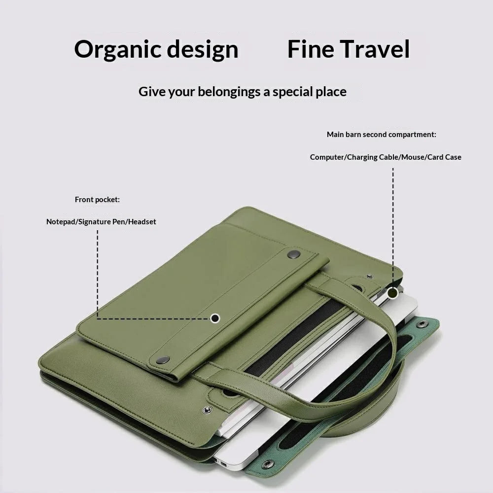 For 15 / 16 Inch Laptop Bag PU Leather Double Pocket Multi-Compartment Accordion Design Universal Notebook Tote Bag - Green - 3