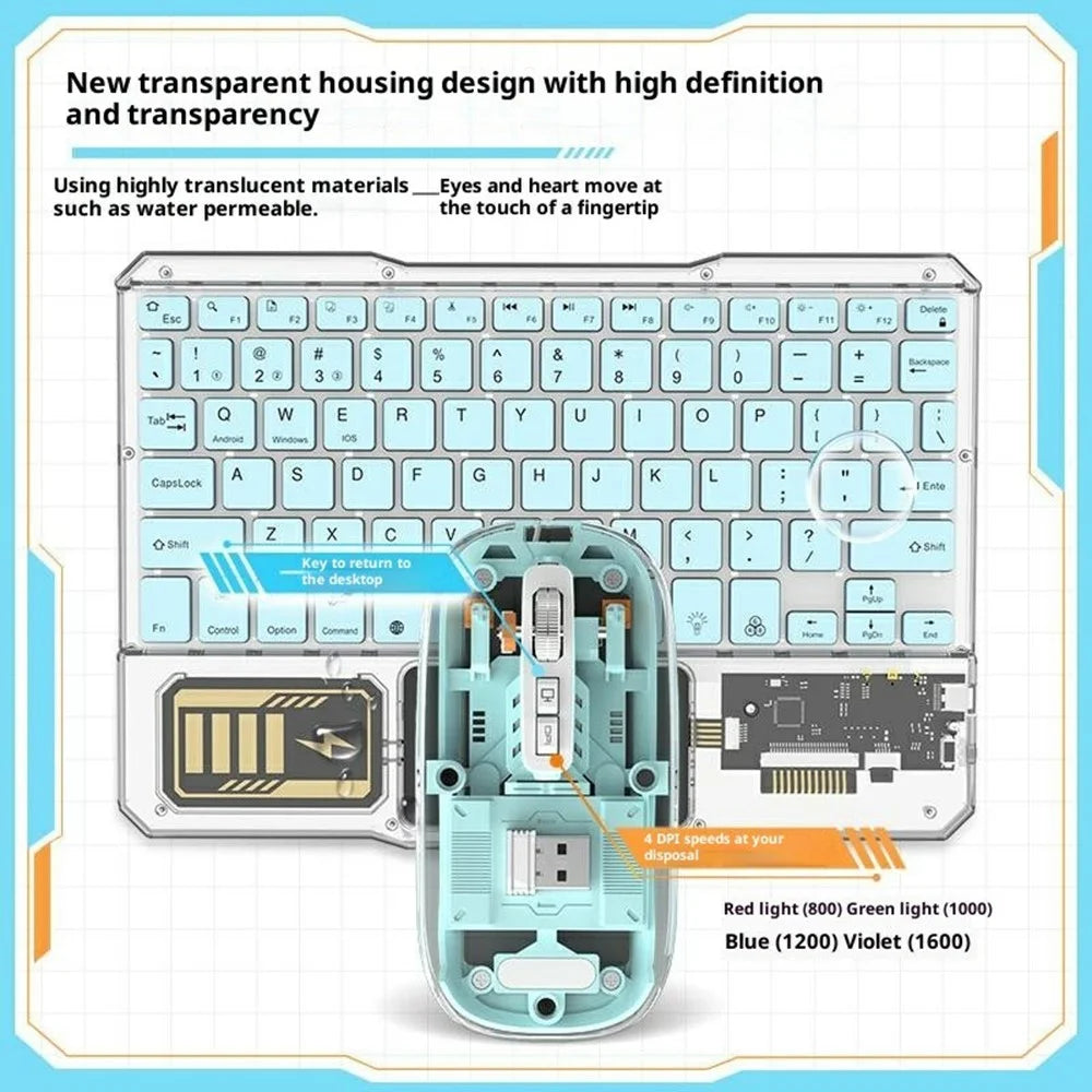 KB333 Transparent Bluetooth-compatible Keyboard Mouse Set 3-Channel Wireless Gaming RGB Backlight Keyboard + Mouse for iPad Tablet Office - Blue - 5