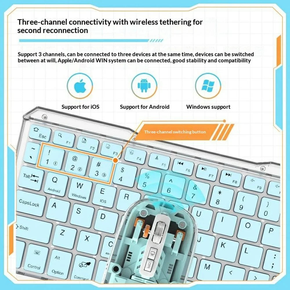 KB333 Transparent Bluetooth-compatible Keyboard Mouse Set 3-Channel Wireless Gaming RGB Backlight Keyboard + Mouse for iPad Tablet Office - Blue - 7