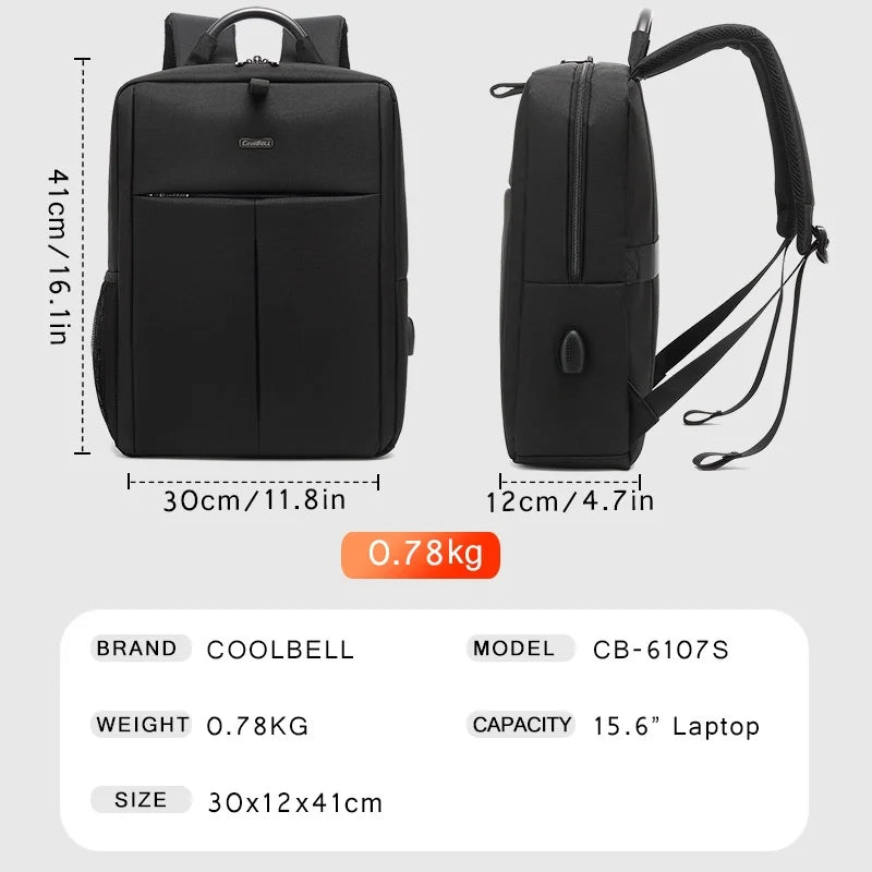 COOLBELL CB-6107S Waterproof Business Backpack 25L Travel Shoulder Bag for 15.6 Inch Laptop with External USB Charging Port - Black - 7