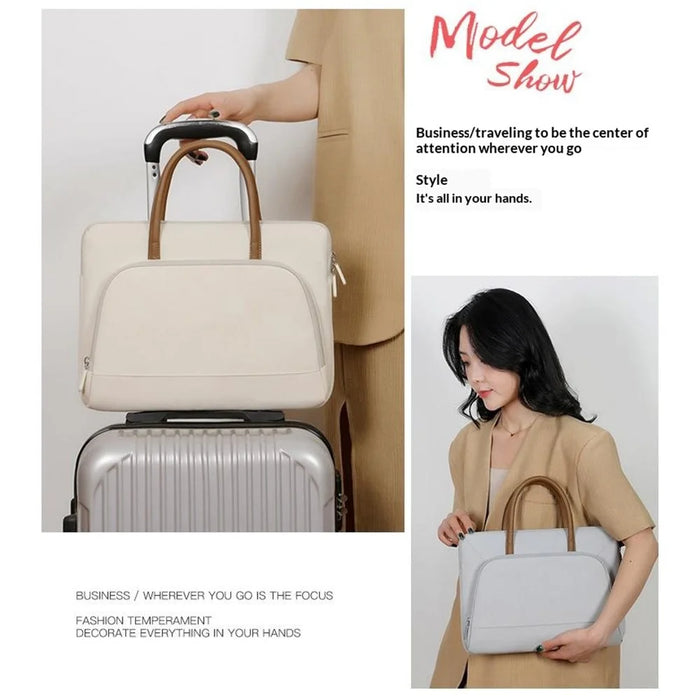 C100 Laptop Handheld Bag for 14-14.6 inch Notebook Triple Layer Protection Protective Sleeve Bag Portable Computer Case Carrying Briefcase - Beige - 3