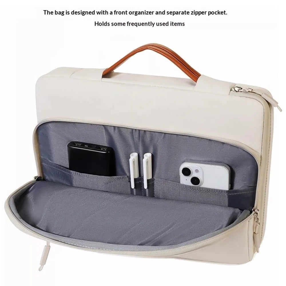 C108 Laptop Handheld Bag for 14-14.6 inch Notebook Retractable Handle Waterproof Business Protective Sleeve Bag Multi-Pocket Shockproof Carrying Case - Beige - 7