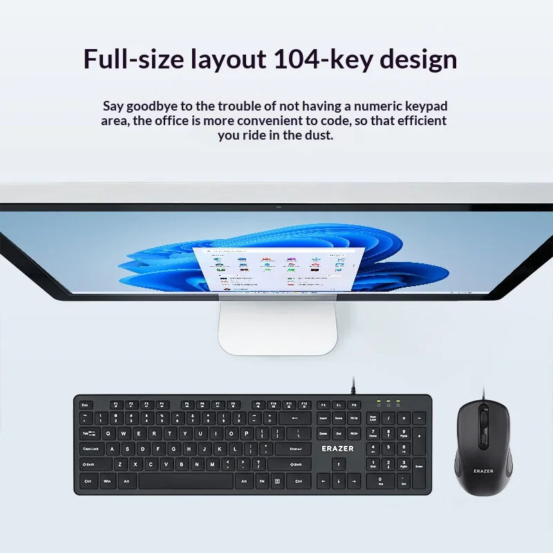 ERAZER KM301 USB Wired Keyboard Mouse Combo 104 Keys Full Size Keyboard 3-Level DPI Mouse Set for Office (Invested By Lenovo) - Black - 5