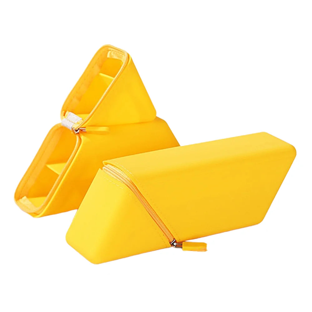 Soft Silicone Pencil Case Large Capacity Standing Triangle Pen Pouch for Students Office - Yellow - 1