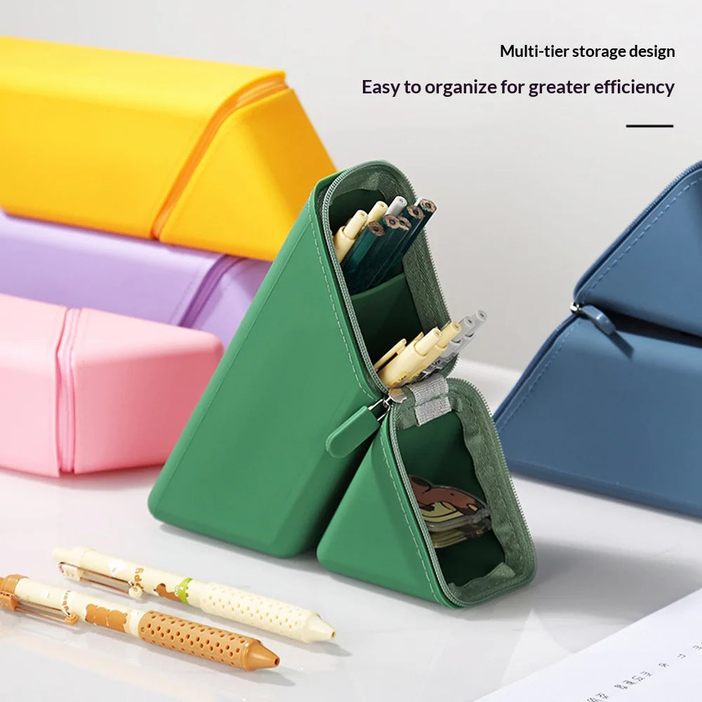 Soft Silicone Pencil Case Large Capacity Standing Triangle Pen Pouch for Students Office - Yellow - 3