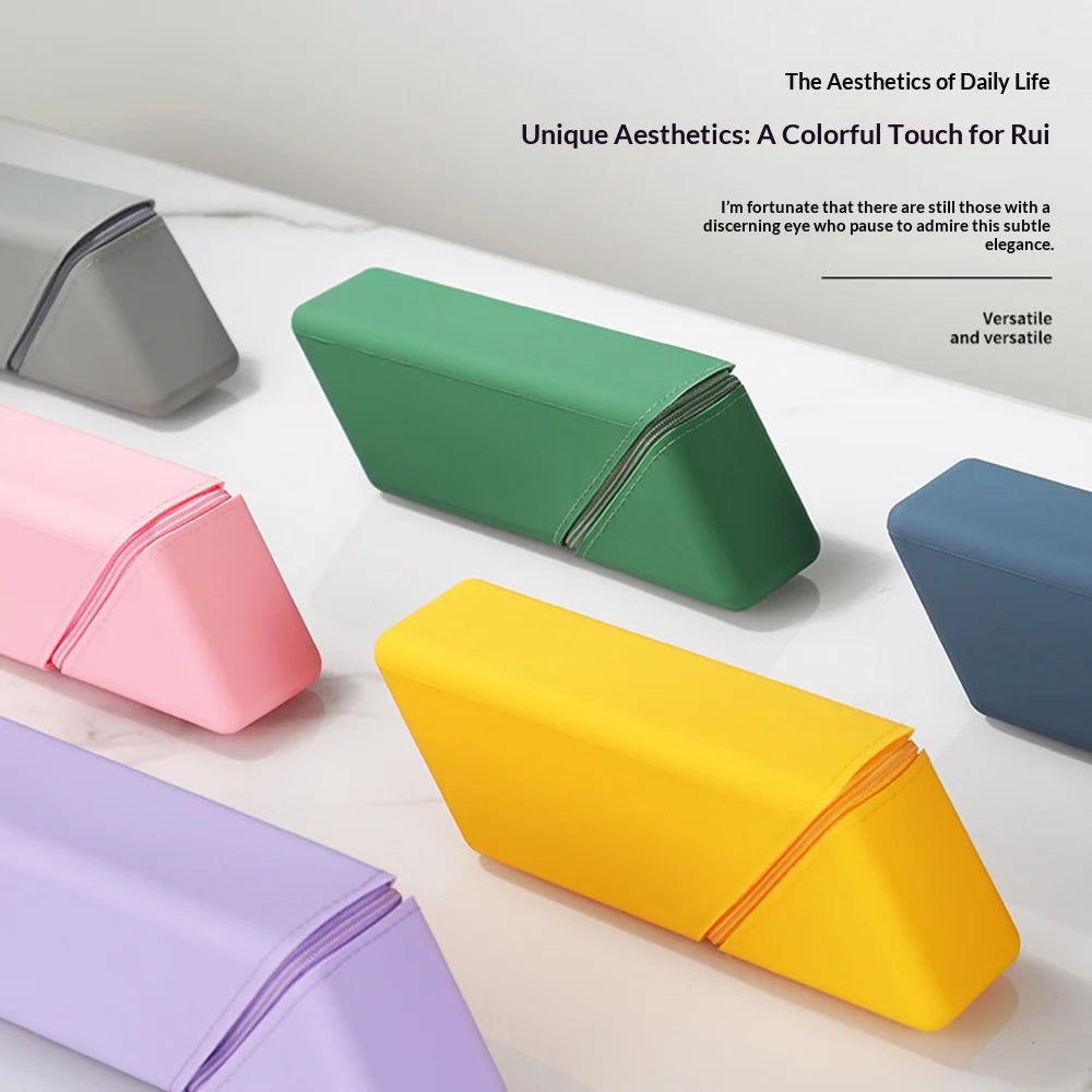 Soft Silicone Pencil Case Large Capacity Standing Triangle Pen Pouch for Students Office - Yellow - 5