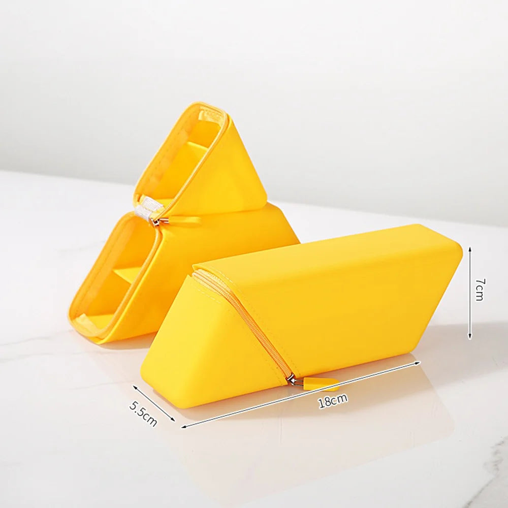 Soft Silicone Pencil Case Large Capacity Standing Triangle Pen Pouch for Students Office - Yellow - 6
