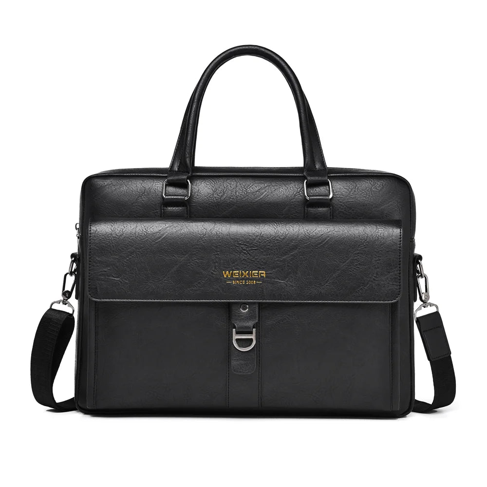 WEIXIER T665 Business Laptop Bag PU Leather Briefcase Waterproof Messenger Bag for 14 Inch Notebook - Black - 1