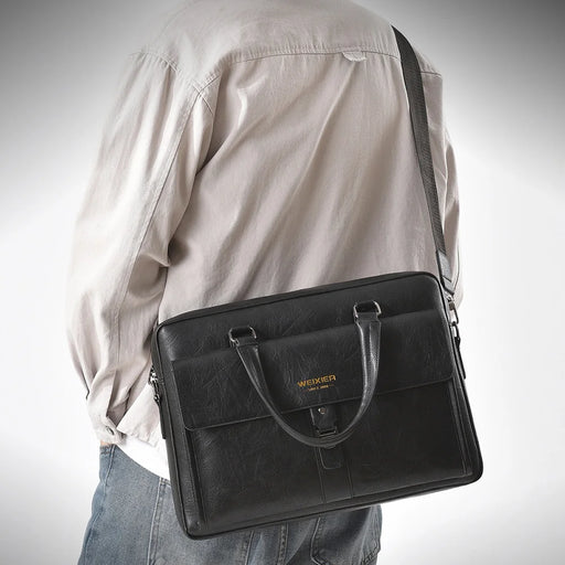 WEIXIER T665 Business Laptop Bag PU Leather Briefcase Waterproof Messenger Bag for 14 Inch Notebook - Black - 2
