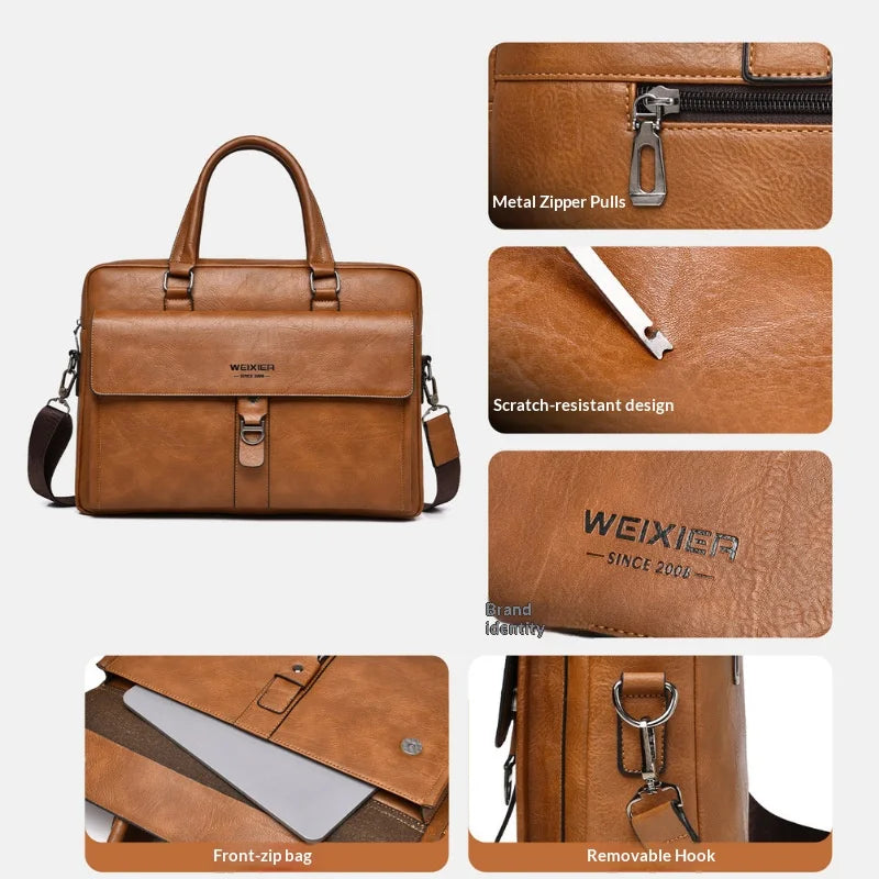 WEIXIER T665 Business Laptop Bag PU Leather Briefcase Waterproof Messenger Bag for 14 Inch Notebook - Black - 5