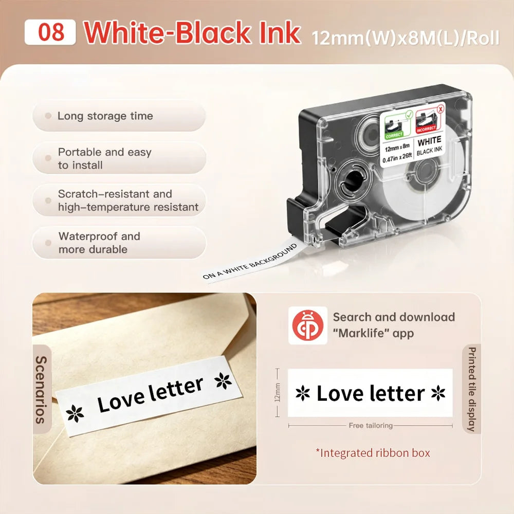 12mm Width Thermal Transfer PET Label Tape Waterproof Oil-Resistant for Marklife R15 Printer, Length: 8m - White Label With Black Text - 2