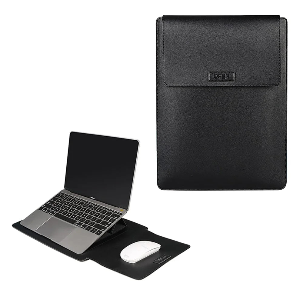 PU06 Waterproof PU Leather Foldable Laptop Riser Case for MacBook Huawei Xiaomi 13.3 Inch Notebook - Black - 1