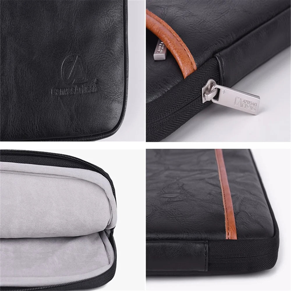 CANVASARTISAN L18-06 13-inch Fashionable Laptop Sleeve Laptop Simple Style PU Leather Carrying Pouch Bag - Black / Brown - 5