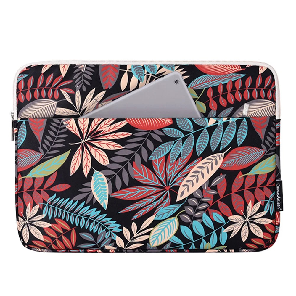 CANVASARTISAN H30-11 Leaves Printing Scratch-resistant Laptop Sleeve Polyester Zipper Notebook Bag - Black/for 11-inch Laptop - 1