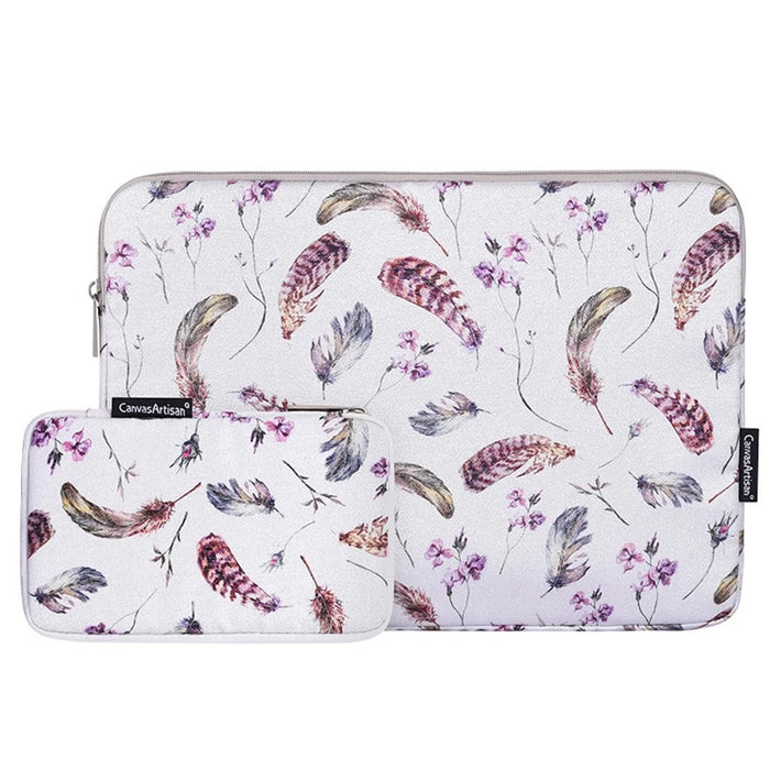 CANVASARTISAN H9-T0121 Watercolor Feather Pattern Ultra Slim Laptop Carrying Case Shockproof Notebook Sleeve with Small Bag - White/for 11-inch Laptop - 1