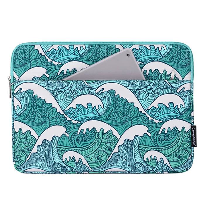 CANVASARTISAN H3-14 Sea Wave Pattern Shockproof Laptop Sleeve Zipper Notebook Carrying Bag with Front Pocket - Green/for 11-inch Laptop - 1