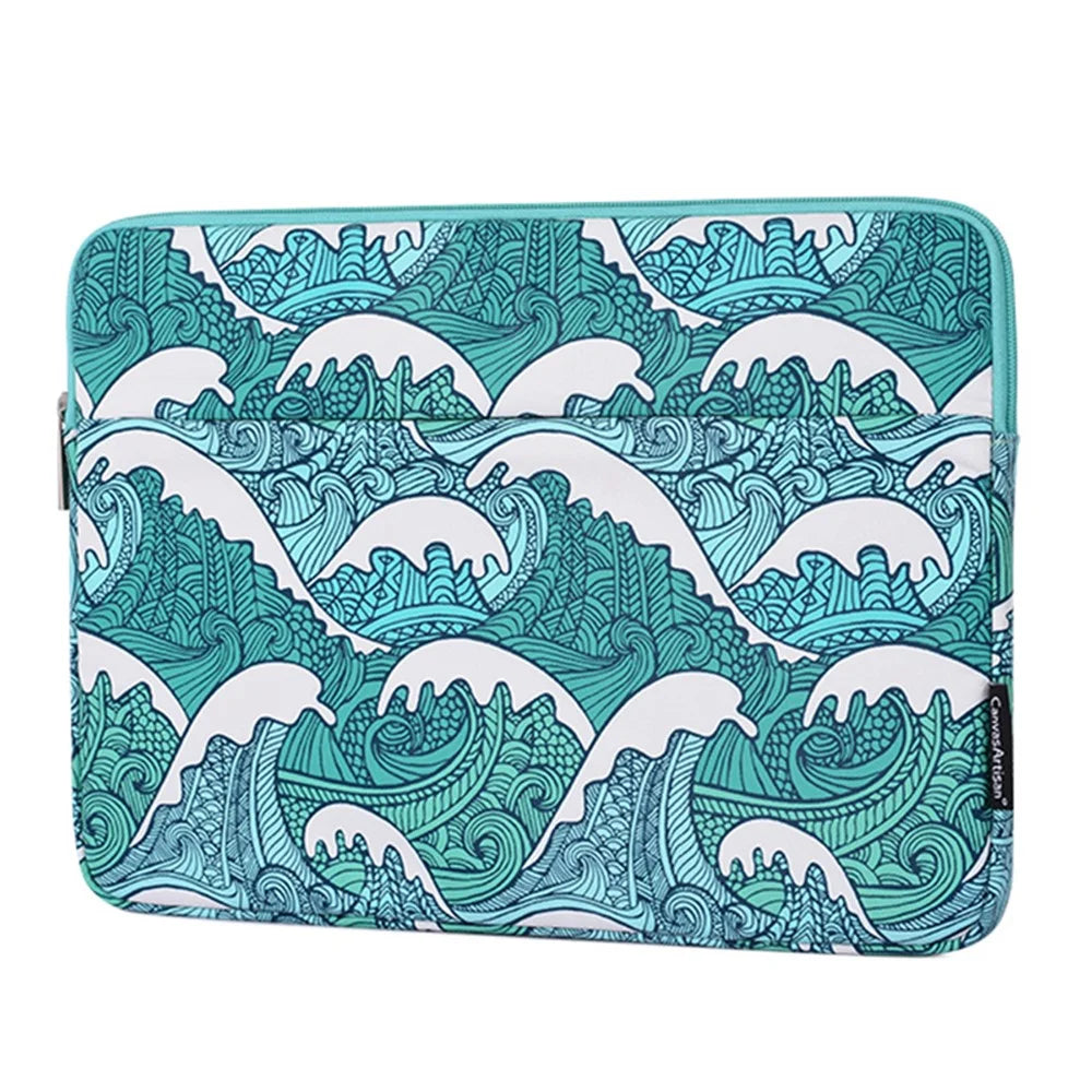 CANVASARTISAN H3-14 Sea Wave Pattern Shockproof Laptop Sleeve Zipper Notebook Carrying Bag with Front Pocket - Green/for 11-inch Laptop - 2