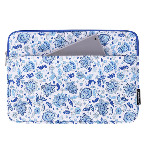CANVASARTISAN G54-11 Front Pocket Zipper PU Leather Laptop Sleeve Flower Pattern Full Protection Notebook Carrying Bag - Blue/White/for 11-inch Laptop - 1