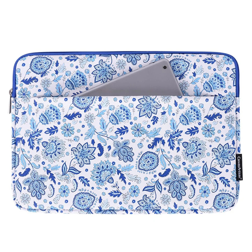 CANVASARTISAN G54-11 Front Pocket Zipper PU Leather Laptop Sleeve Flower Pattern Full Protection Notebook Carrying Bag - Blue/White/for 11-inch Laptop - 1