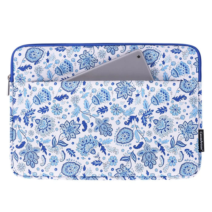 CANVASARTISAN G54-11 Front Pocket Zipper PU Leather Laptop Sleeve Flower Pattern Full Protection Notebook Carrying Bag - Blue/White/for 11-inch Laptop - 1