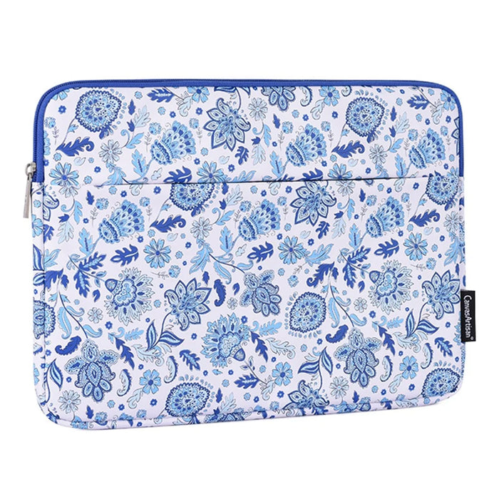 CANVASARTISAN G54-11 Front Pocket Zipper PU Leather Laptop Sleeve Flower Pattern Full Protection Notebook Carrying Bag - Blue/White/for 11-inch Laptop - 2