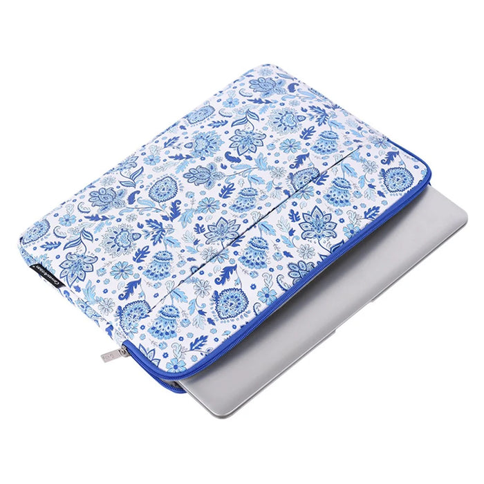 CANVASARTISAN G54-11 Front Pocket Zipper PU Leather Laptop Sleeve Flower Pattern Full Protection Notebook Carrying Bag - Blue/White/for 11-inch Laptop - 3