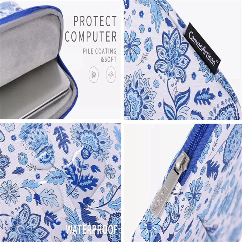 CANVASARTISAN G54-11 Front Pocket Zipper PU Leather Laptop Sleeve Flower Pattern Full Protection Notebook Carrying Bag - Blue/White/for 11-inch Laptop - 4