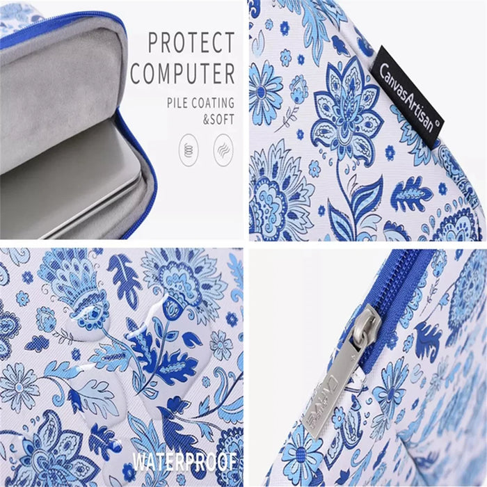 CANVASARTISAN G54-11 Front Pocket Zipper PU Leather Laptop Sleeve Flower Pattern Full Protection Notebook Carrying Bag - Blue/White/for 11-inch Laptop - 4
