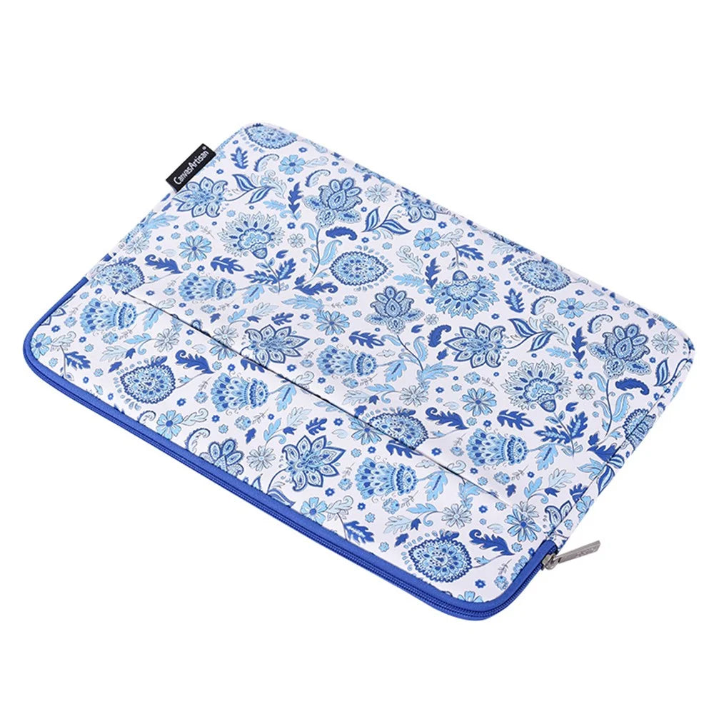 CANVASARTISAN G54-11 Front Pocket Zipper PU Leather Laptop Sleeve Flower Pattern Full Protection Notebook Carrying Bag - Blue/White/for 11-inch Laptop - 6