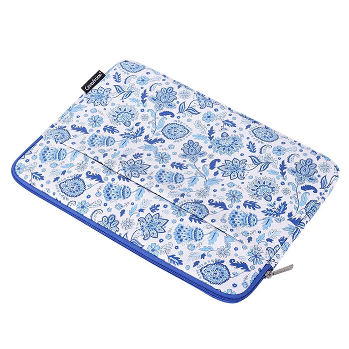 CANVASARTISAN G54-11 Front Pocket Zipper PU Leather Laptop Sleeve Flower Pattern Full Protection Notebook Carrying Bag - Blue/White/for 11-inch Laptop - 6