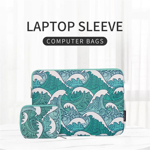 CANVASARTISAN H3-T0423 Sea Wave Printing Laptop Sleeve Carrying Case with Small Bag - Green/for 11-inch Laptop - 2