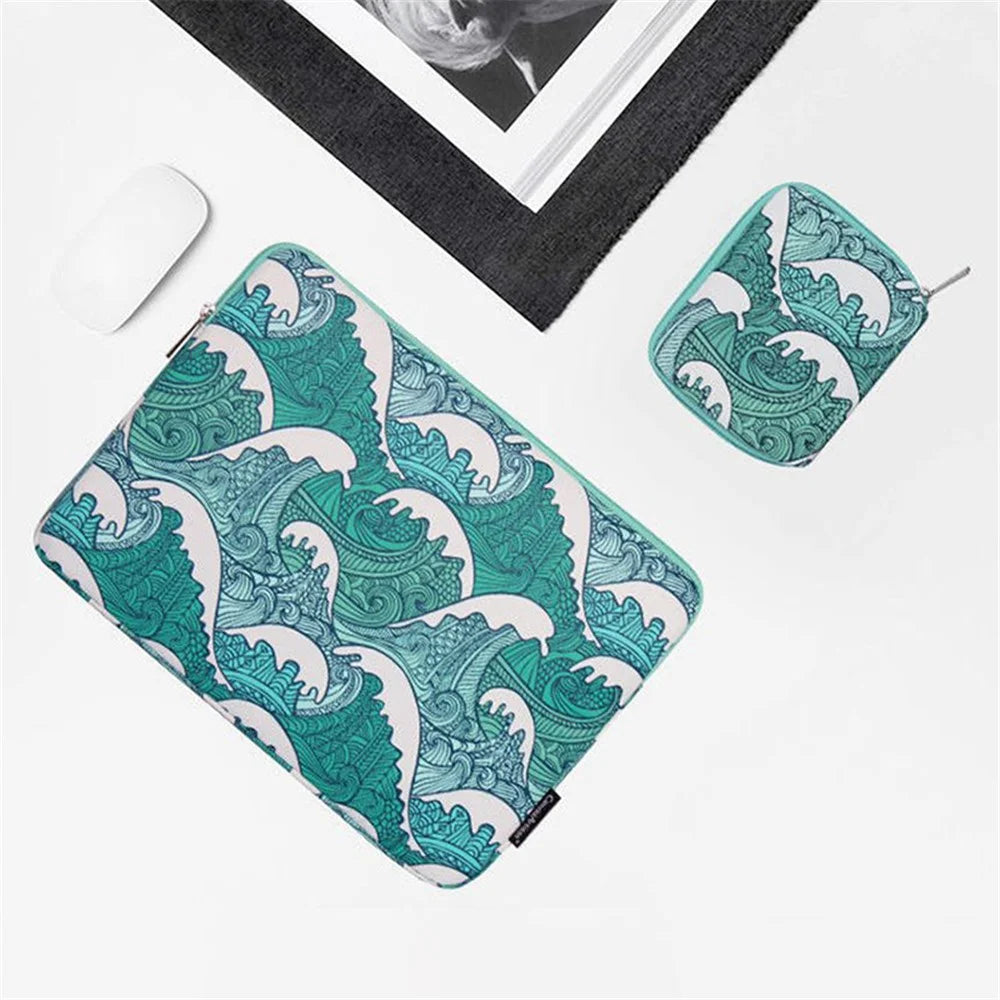 CANVASARTISAN H3-T0423 Sea Wave Printing Laptop Sleeve Carrying Case with Small Bag - Green/for 11-inch Laptop - 3