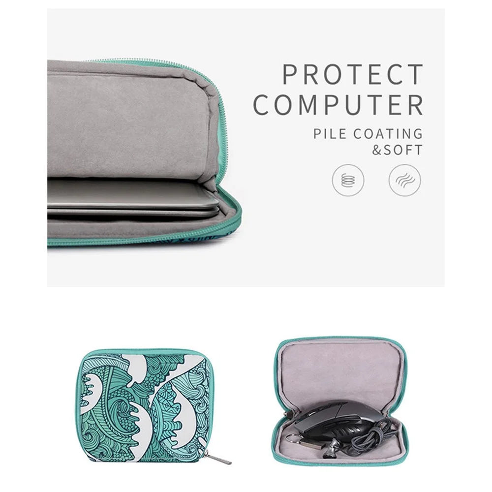 CANVASARTISAN H3-T0423 Sea Wave Printing Laptop Sleeve Carrying Case with Small Bag - Green/for 11-inch Laptop - 6
