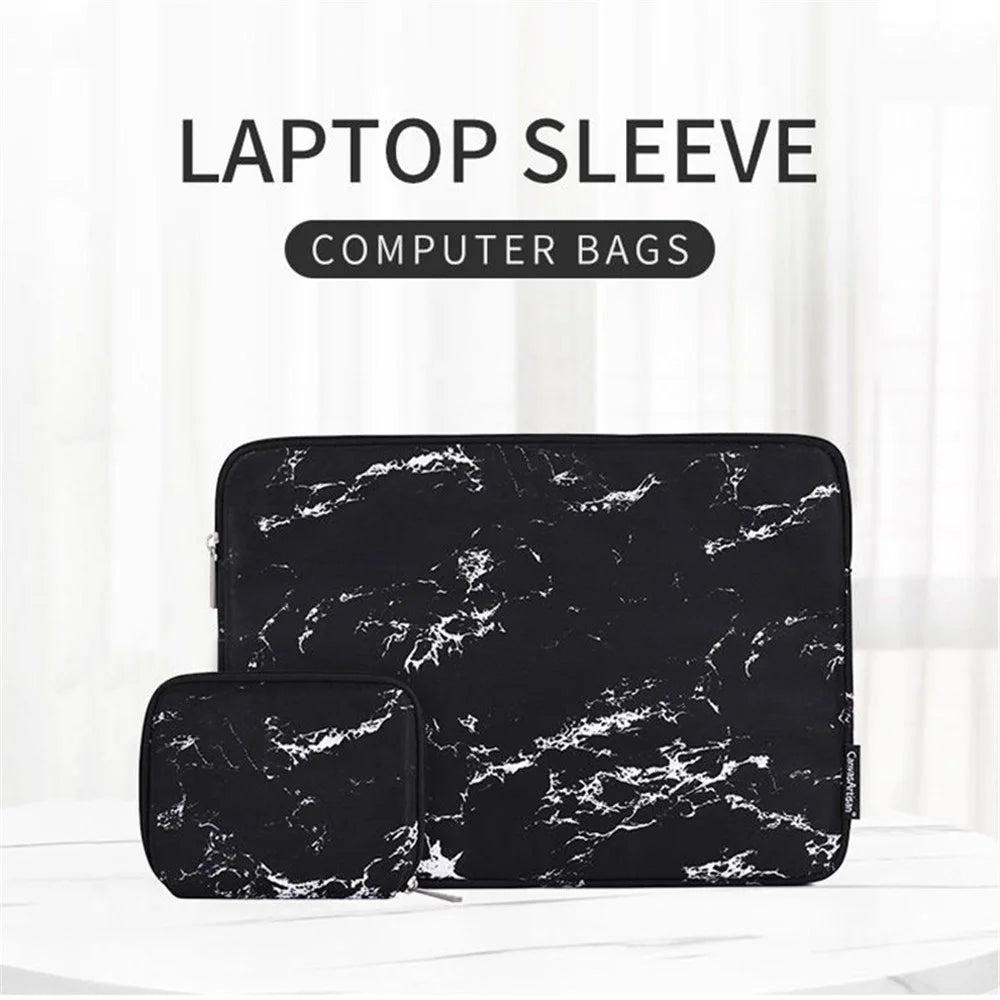 CANVASARTISAN H32-T0123 Marble Pattern Laptop PC Sleeve Soft Linner Notebook Bag with Small Bag - Black/for 11-inch Laptop - 2
