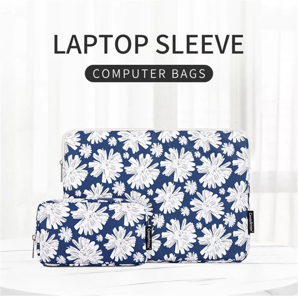 CANVASARTISAN H34-T0111 Chrysanthemum Pattern Laptop Sleeve Zipper Carrying Case with Small Bag - Blue/for 11-inch Laptop - 2