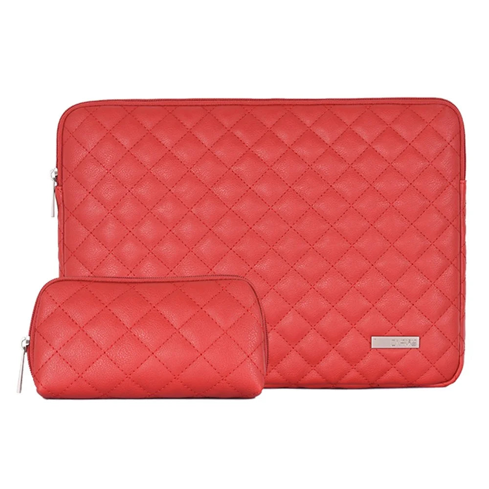 CANVASARTISAN L19-453 PU Leather Laptop Sleeve Rhombus Grid Notebook Case Carrying Bag with Small Bag - Red/for 11-inch Laptop - 1