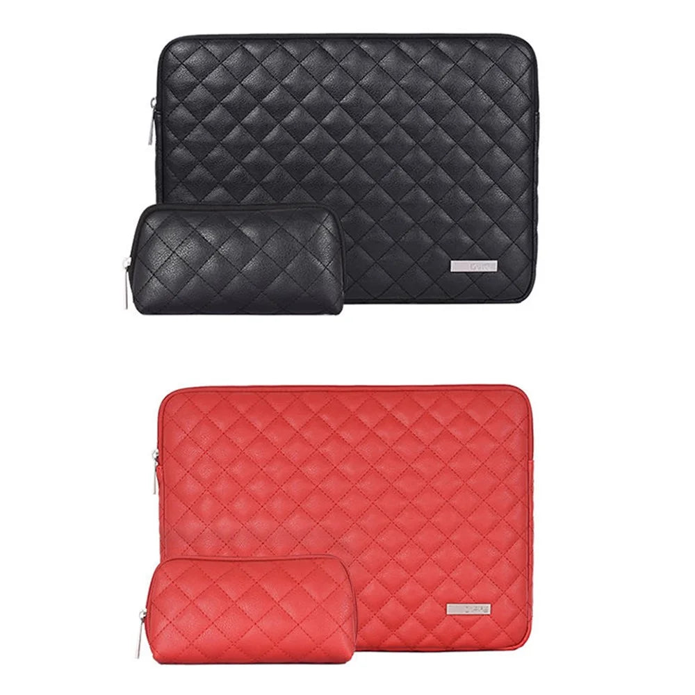 CANVASARTISAN L19-453 PU Leather Laptop Sleeve Rhombus Grid Notebook Case Carrying Bag with Small Bag - Red/for 11-inch Laptop - 7