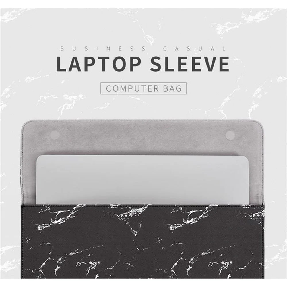 CANVASARTISAN E32-01 Magnetic Flip Cover PU Leather Laptop Sleeve Marble Pattern Notebook Carrying Bag - Black/White/for 12-inch Laptop - 7
