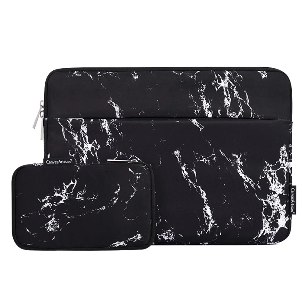 CANVASARTISAN H32-T1121 Front Pocket Notebook Case Protective Cover Marble Pattern Laptop Sleeve with Small Bag - Black/for 11-inch Laptop - 1