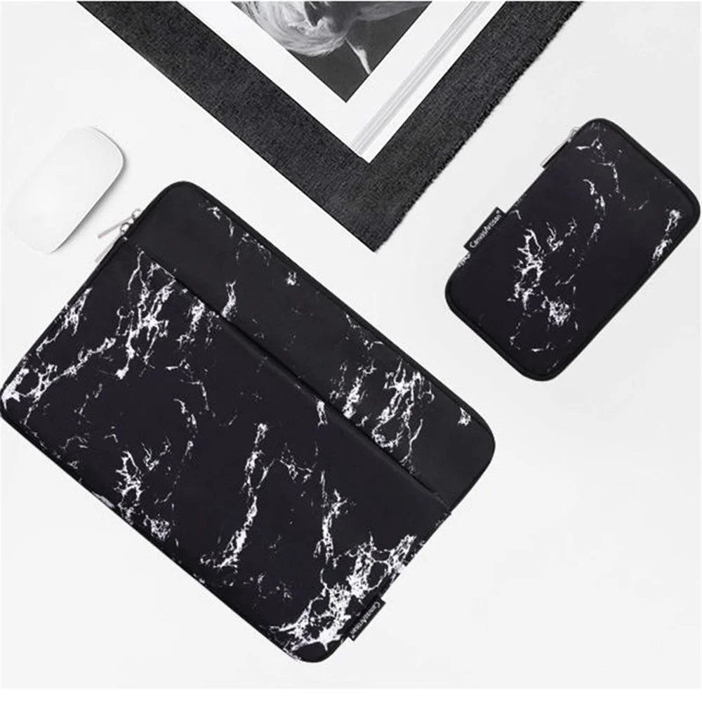 CANVASARTISAN H32-T1121 Front Pocket Notebook Case Protective Cover Marble Pattern Laptop Sleeve with Small Bag - Black/for 11-inch Laptop - 4