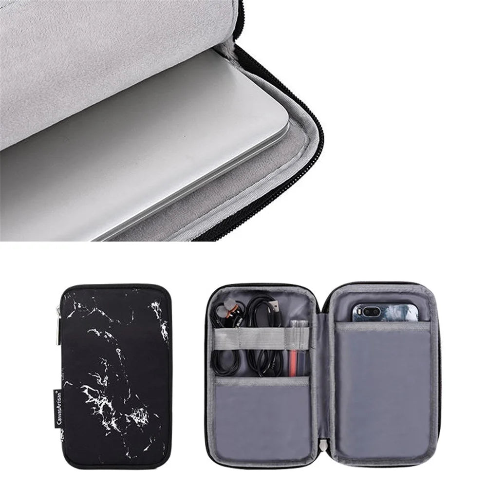 CANVASARTISAN H32-T1121 Front Pocket Notebook Case Protective Cover Marble Pattern Laptop Sleeve with Small Bag - Black/for 11-inch Laptop - 6