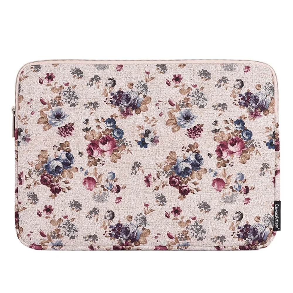 CANVASARTISAN H2-02 Laptop Sleeve Protective Case Fabric Flower Pattern Soft Carrying Zipper Bag Cover - Khaki/11 inch - 1