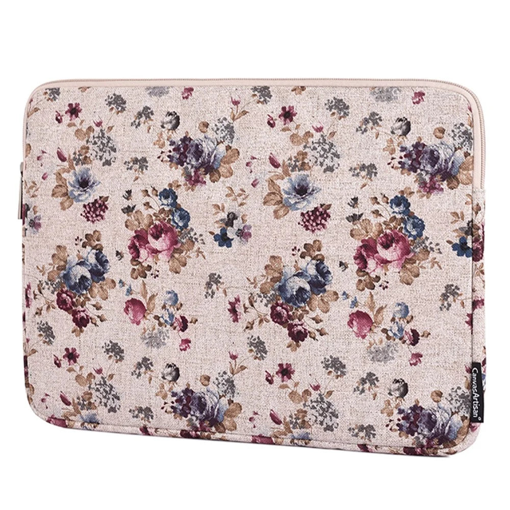 CANVASARTISAN H2-02 Laptop Sleeve Protective Case Fabric Flower Pattern Soft Carrying Zipper Bag Cover - Khaki/11 inch - 2