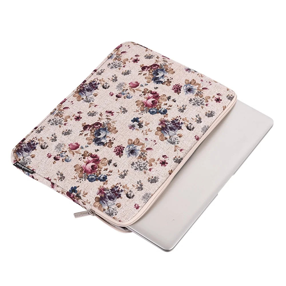 CANVASARTISAN H2-02 Laptop Sleeve Protective Case Fabric Flower Pattern Soft Carrying Zipper Bag Cover - Khaki/11 inch - 3
