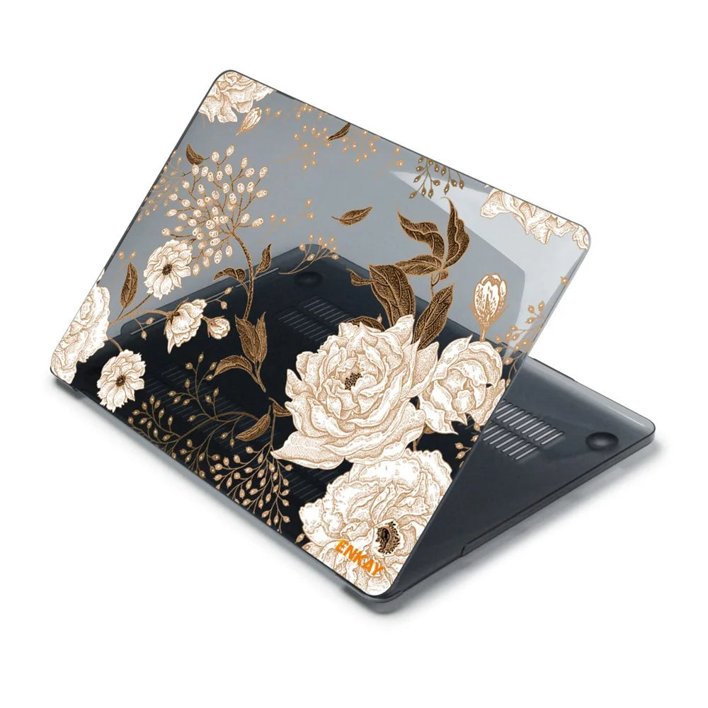 ENKAY HAT PRINCE for MacBook Pro 13 inch (2020) A2251/A2289/A2338 Vintage Flowers Patterns Series Anti-Scratch Hard PC Two-Piece Structure Sheer Laptop Cover - Gold Peony - 3