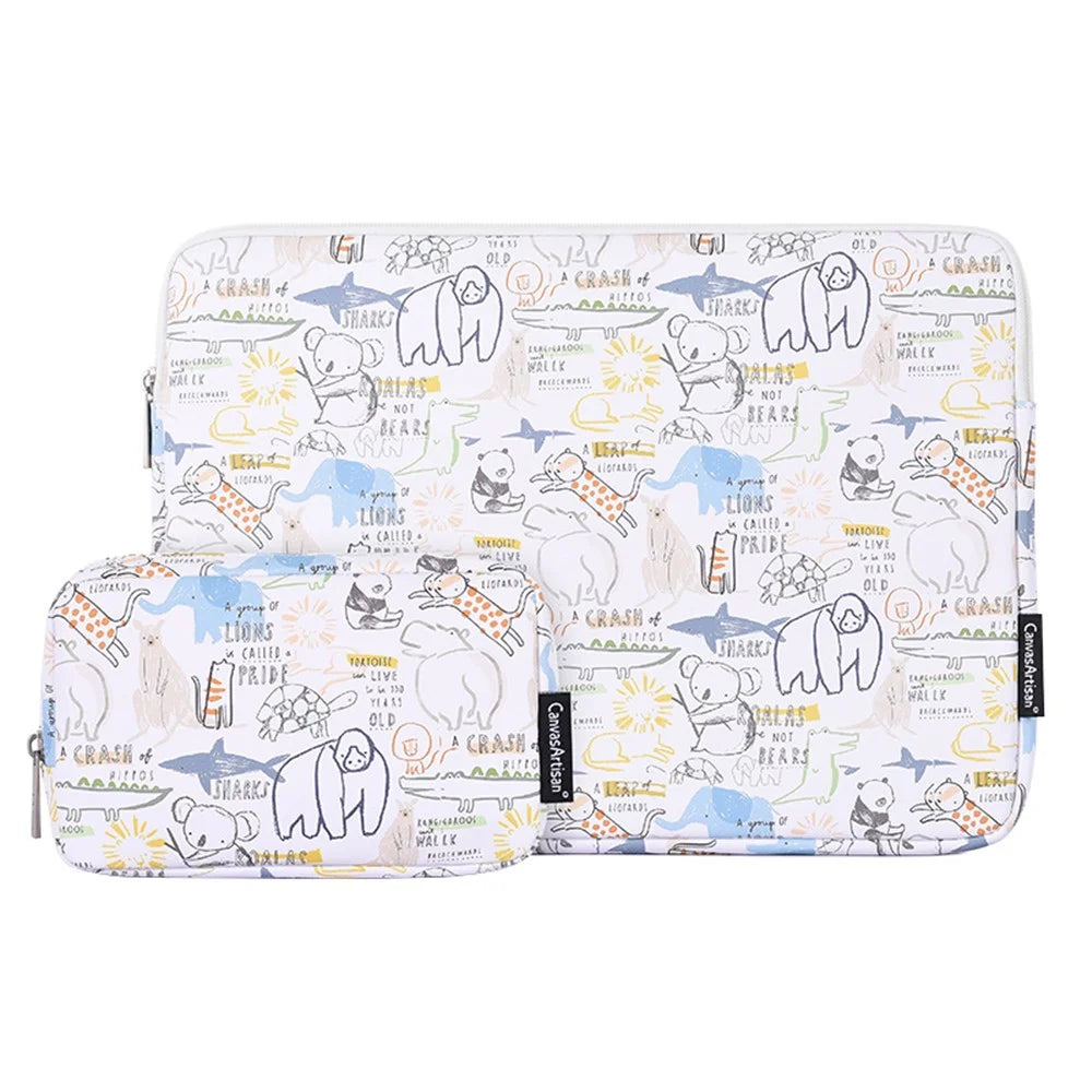 CANVASARTISAN G50-T0111 11-inch PU Notebook Sleeve Cartoon Animal Pattern Laptop Zipper Bag + Small Bag Set - 1