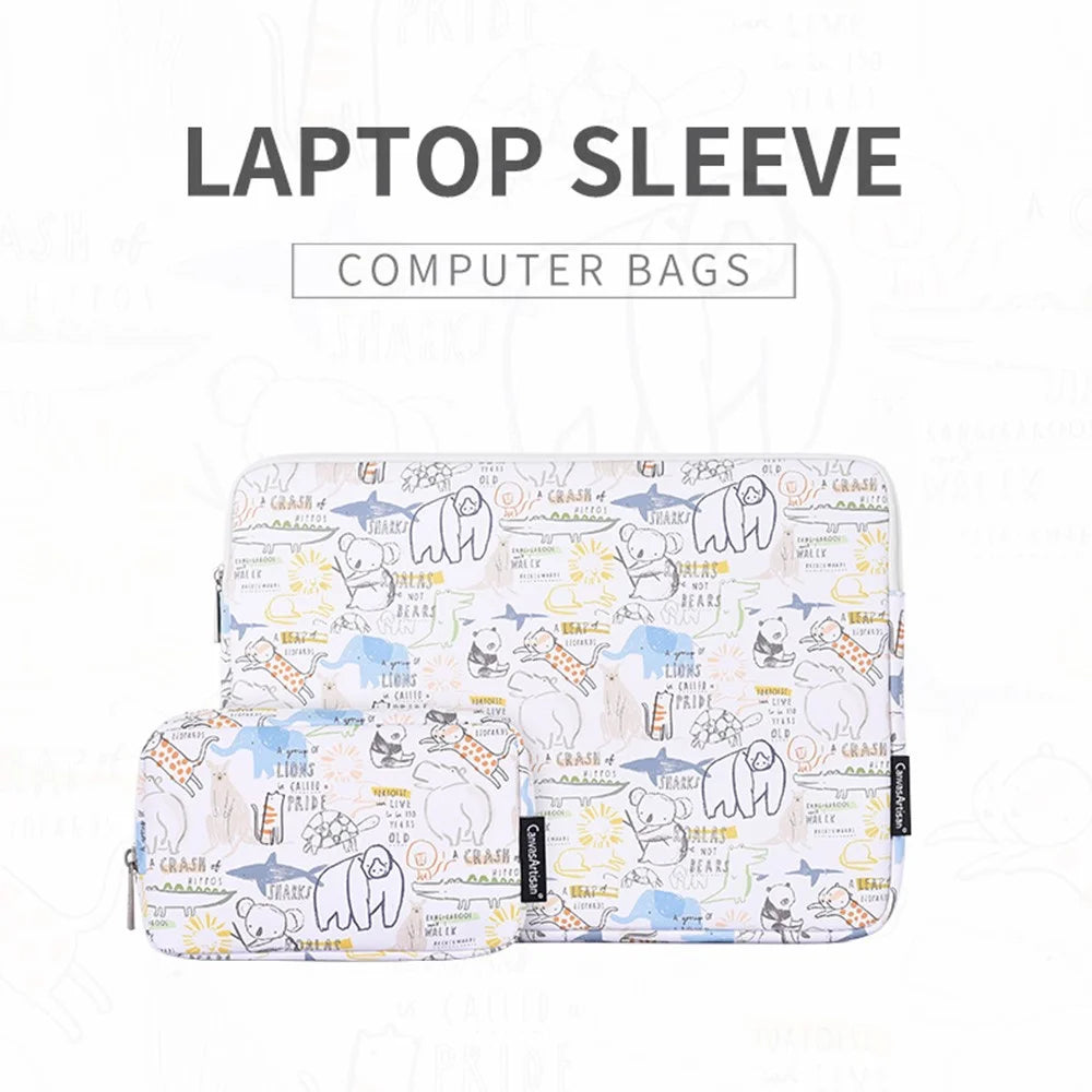 CANVASARTISAN G50-T0111 Cartoon Animal Pattern 14-inch Laptop Sleeve Portable PU Carrying Bag + Small Bag Set - 2